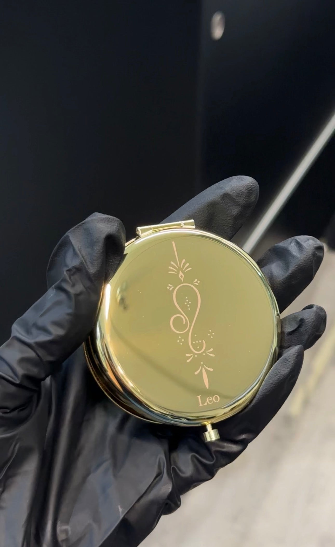 Leo Engraved Gold Compact Mirror